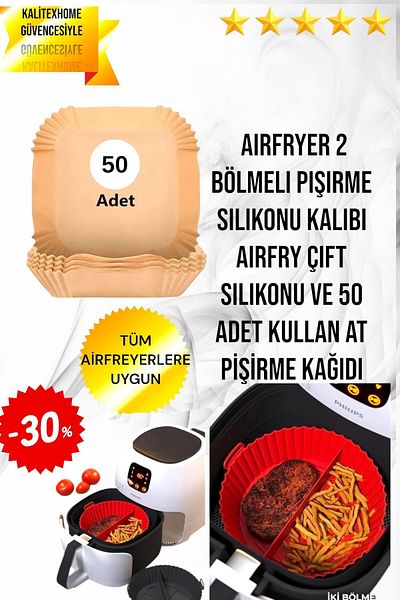 kalitexhome Airfryer 2-Compartment Cooking Set - Double Silicone and Baking Paper