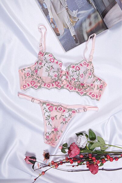 AYSEMİN TEKSTİL Set de bralet brodat cu flori roz (sutien și tange)
