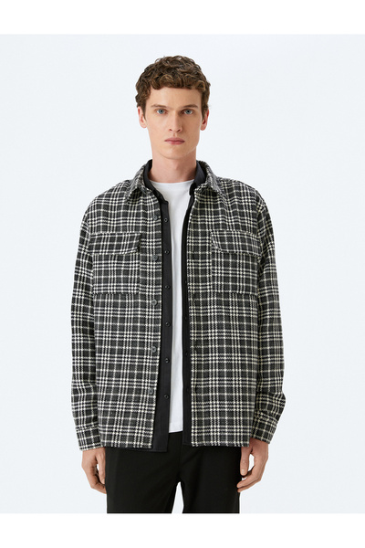 Koton Langärmliger, karierter Tweed-Hemdmantel mit Taschendetail