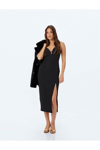 Koton Zeynep Cushion Midi Strap Pencil Dress - Front Slit Detail, Slim Fit