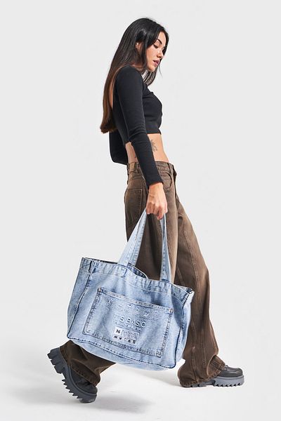its basic Denim Color E3W427 White It's Basic Embroidered Gusseted Pocket Denim Bag