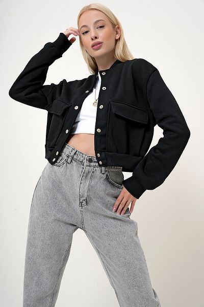 VAGGON Dámská černá Crop bunda se zapínáním na patentky s dvojitou kapsou a stuhou uvnitř PRM1049