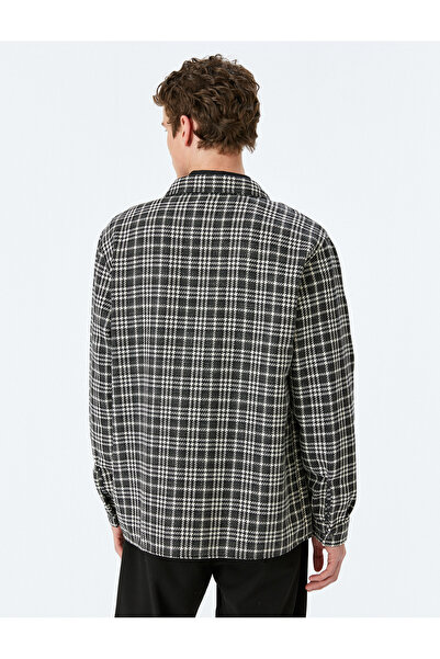 Koton Langärmliger, karierter Tweed-Hemdmantel mit Taschendetail