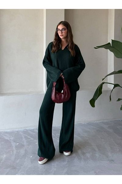 Laluvia Green Freya Polo Neck Ribbed Knitwear Set
