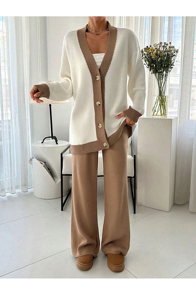 Cloudy Kids Camel Stripe Detailed Cardigan-Pants Knitwear Set