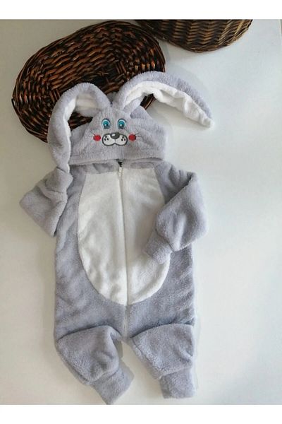 Mai Perla Welsoft Hooded Zippered Rabbit Patterned Baby Jumpsuit