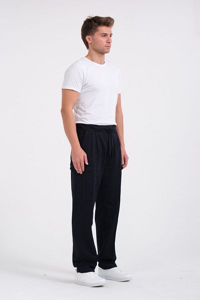 RELAXL 100% Cotton Wide Leg Baggy Fit Gabardine Navy Blue Cargo Pants