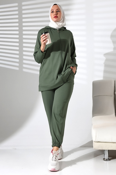 Mihran Butik Khaki Color Women's Sports Double Set - Comfortable Tunic and Pants Hijab