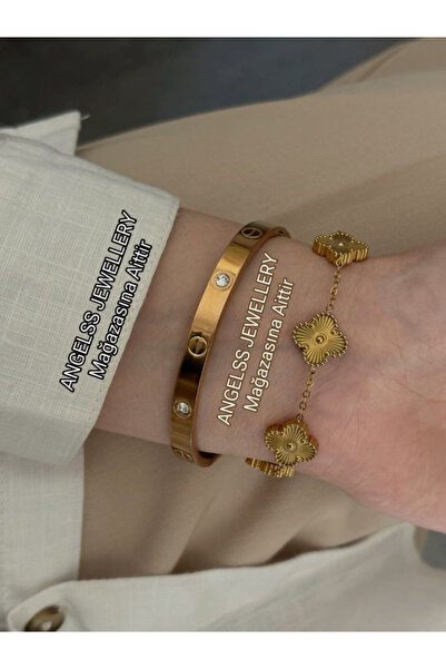 ANGELSS JEWELLERY طقم أساور وأساور مكونة من قطعتين من حجر الزركون الذهبي - مو...