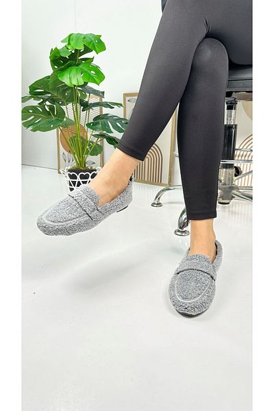 Nstil Loafer căptușit cu pluș gri - vârf oval, pantofi cu talpă joasă cu model 375