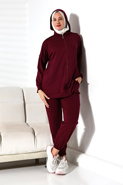 Mihran Butik Kadın Mevsimlik Alt ve Üst Rahat Mürdüm Spor Tesettür Takım