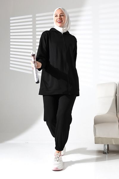 Mihran Butik Μαύρο Sports Double - Άνετο Σετ Hijab με Τουνίκ και Παντελόνι