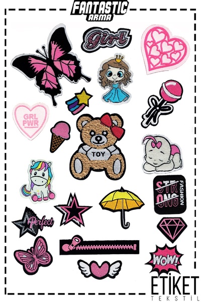 FANTASTIC ARMA Set de 20 de patch-uri țesute pentru fete - lipire cu fier de călcat (20 bucăți)