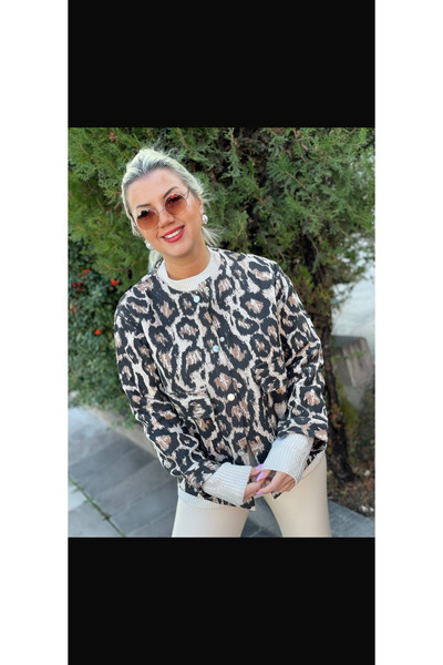 atom butik Bebe yaka çift cepli çıtçıt kapamalı leopar keçe ceket