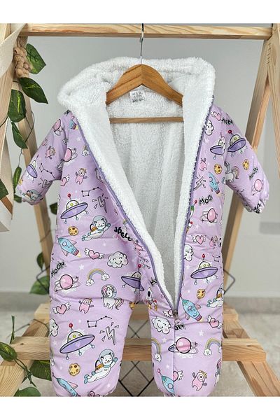 Minizade Patterned Winter Baby Romper for Baby Girl - Zippered Astronaut Cosmonaut Coat