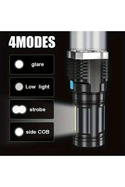 Generic 1200mAh USB Şarjlı LED El Feneri ve COB Yan Işık - 1200mAh Batarya, Güçlü ve Taşınabilir