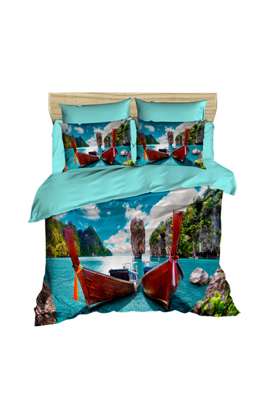 Fabeteks Seascape Boats 3D Digital Double Duvet Cover Pillow Set