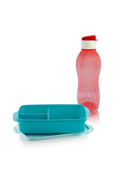 Tupperware Eco Blue 1Lt Lunch Box Set - 750ml Cor Twinkle & Compartmented Bottle Water Bottle & Flask