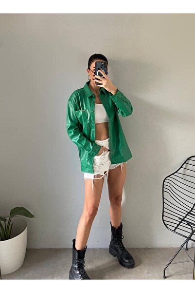 bymaestro woman Kadın Cep Detay Şardonlu Deri Gömlek