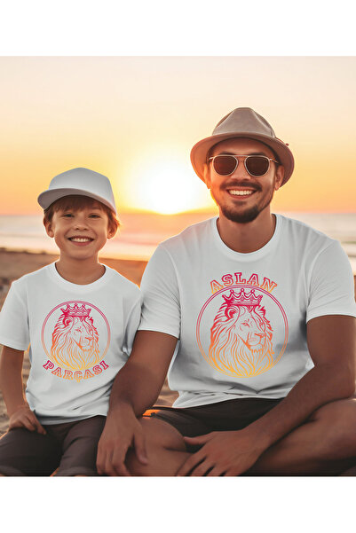 ASELİNDA تي شيرت مطبوع عليه قطعة أسد للأب والابن والابنة - منتج منفرد، أضف قط...