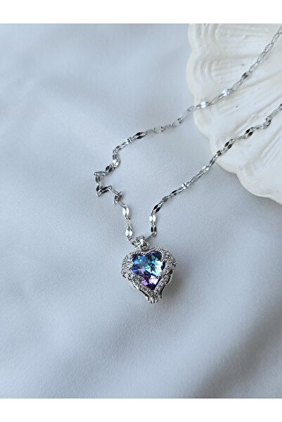 ULYOS PONIS Galaksi Kalp Zirkon Taşlı Çelik Kolye (GÜMÜŞ KAPLAMA MAVİ TAŞLI)