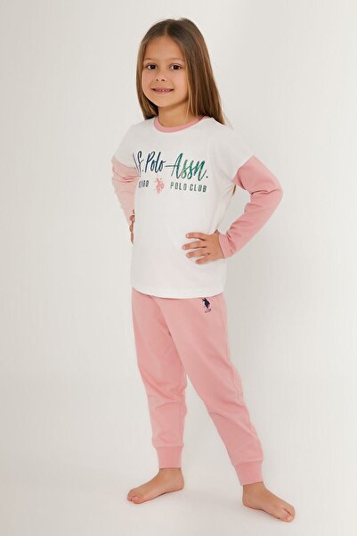 U.S. Polo Assn. BASE. Polo Assn Girl White Pink Girl's Long Sleeve Pajama Set