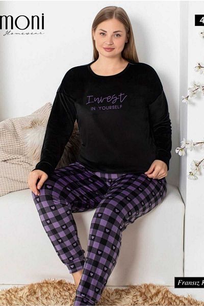 Pijamoni Σετ Πιτζάμες Καρό Velvet Plus Size