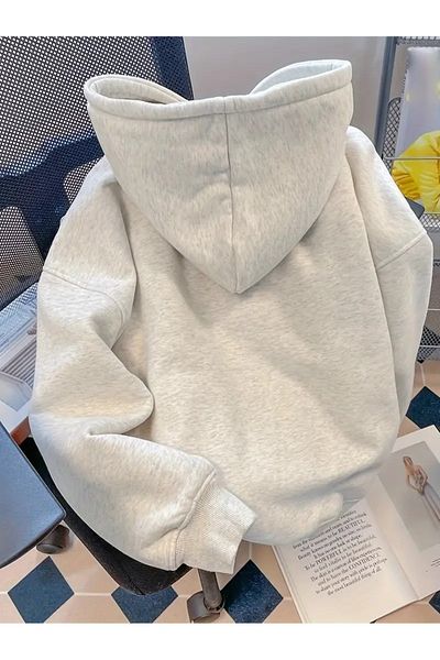 PALPİTO Women's Gray Nostacig Vintage Printed Hooded Hoodie Sweatshirt