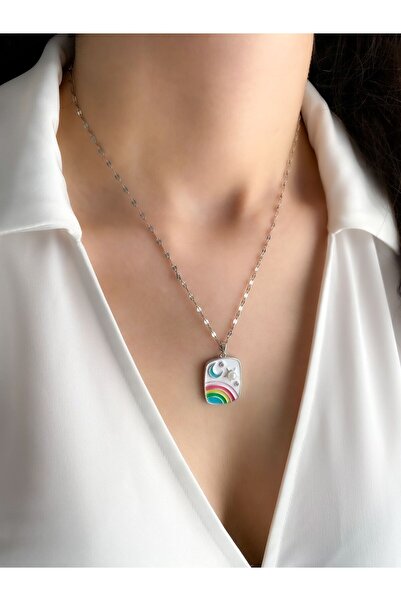DEMOKAN Kadın Çelik Kolye Yıldız Zincir Gökkuşağı Hilal Desen Kolye