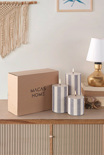 Macas Home Bluesky Kumaş Kaplamalı Silindir Kokusuz 3'lü Set Mum BLSKYMUM