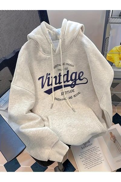 PALPİTO Women's Gray Nostacig Vintage Printed Hooded Hoodie Sweatshirt