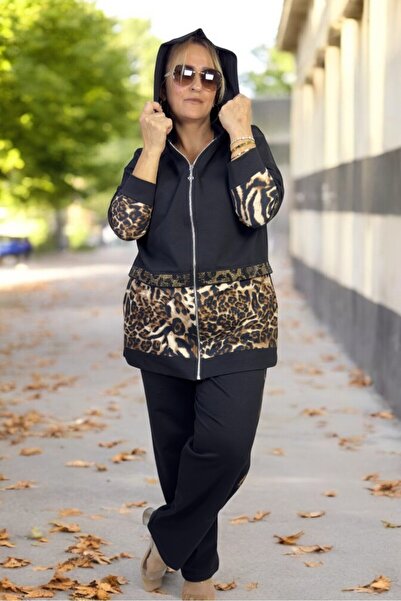 yagmurberen Leopard Patterned Gold Slim Embroidered Waist with Elastic Plus Size Tracksuit