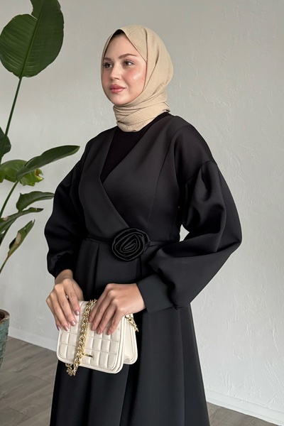 InStyle Black Scuba Dress with Rose Accessories