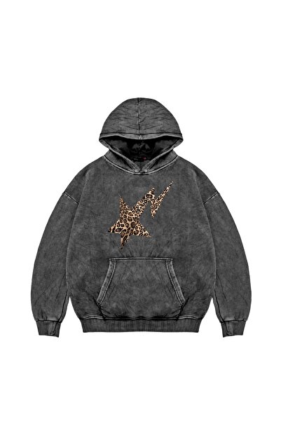 Sekizbiraltı Оверсайз унісекс преміум чорна худі з принтом «Леопард падаюча зірка»