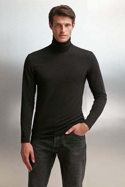 GRIMELANGE Trıer Men's Body Hugging Turtleneck Turtleneck Thick Structured Flexible Fabric Black Body
