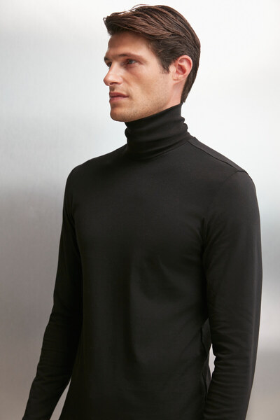 GRIMELANGE Trıer Men's Body Hugging Turtleneck Turtleneck Thick Structured Flexible Fabric Black Body