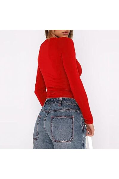 LADY HAZAL Red Crew Neck Basic Body Darkalıp Long Sleeve Blouse