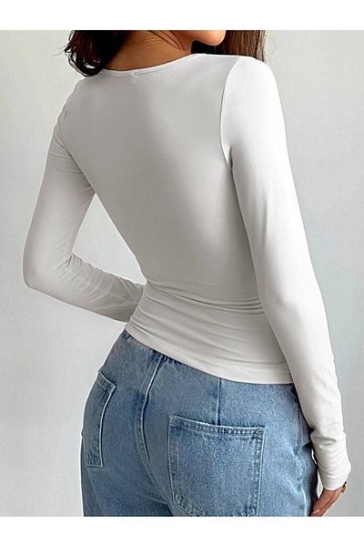 LADY HAZAL White Round Neck Blouse Oversize Body Darkalıp Soft Touch Cotton Rib Long Sleeve Blouse