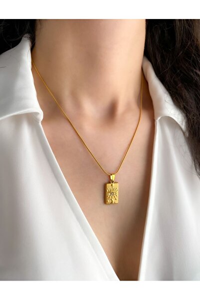 DEMOKAN Kadın Çelik Kolye İp Zincir Düz Plaka Göz Hilal Yıldız Desen Kolye