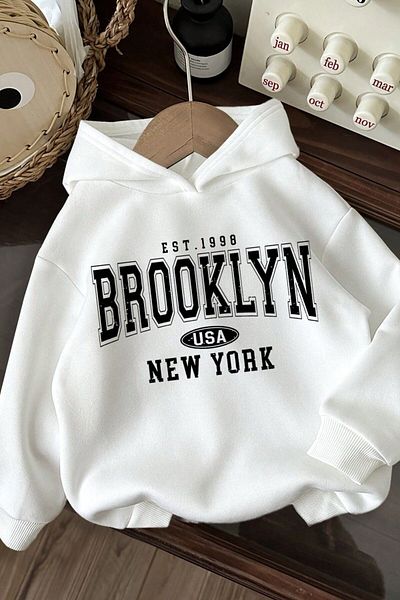 PALPİTO Hanorac alb pentru femei, cu glugă, cu imprimeu Brooklyn 1998