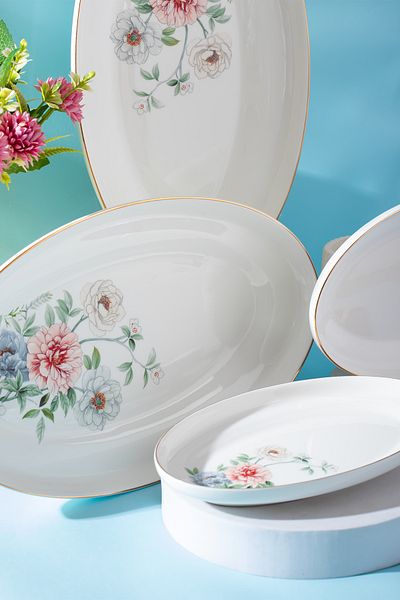 Porsima 2036 Bone China Set of 4 Presentation Boat Plates - for Breakfast Serving
