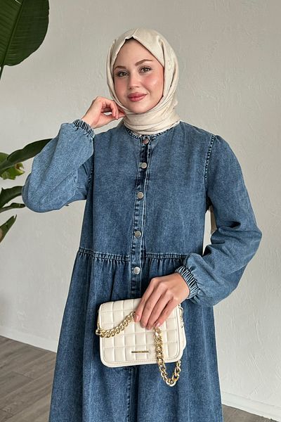 InStyle Rochie albastră din denim cu nasturi cu mâneci balon