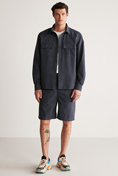 GRIMELANGE Kelvin férfi vastag textúrájú műszaki megjelenésű sötétkék ing füles zsebekkel