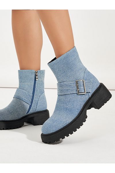 Raid By Styli Denim Look Buckle Detail Biker Ankle Boots