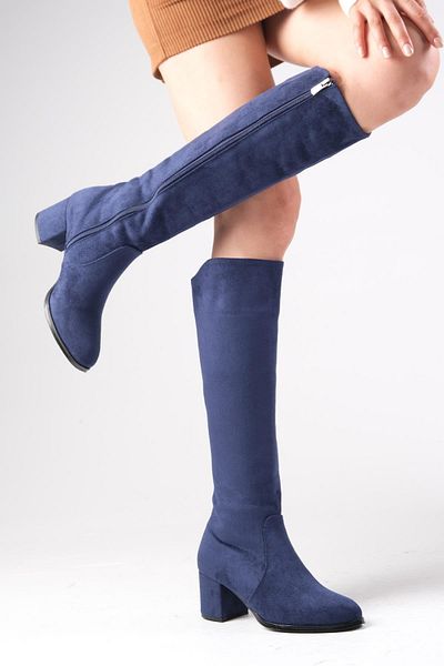 Mio Gusto Dámské kozačky na podpatku Bella Navy Blue s bočním zipem, tenkou umělou kožešinou