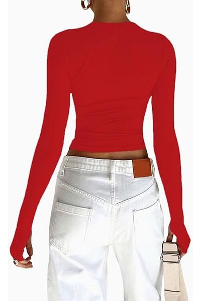 LADY HAZAL Red Crew Neck Basic Blouse Studded Ribbed Fabric Finger Detailed Bodysuit
