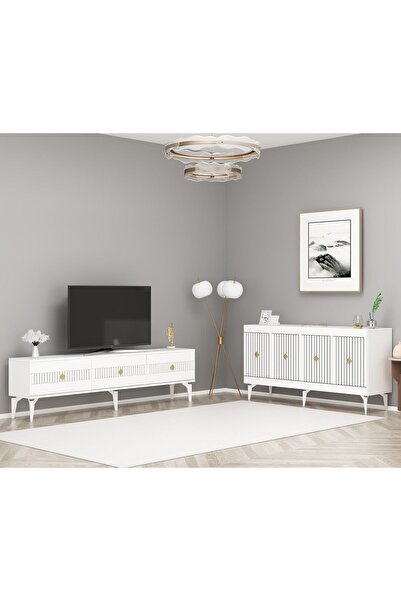 DEMONTE DECOR MİDDAS 180 Cm TV SEHPASI (ALT MODÜL) Ve 4 KAPAKLI KONSOL 2'li SALON TAKIMI BEYAZ-ALTIN