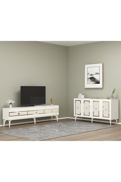 DEMONTE DECOR NORRA TV SEHPASI (alt modül) ve KONSOL 2'Lİ SALON TAKIMI BEYAZ-ALTIN
