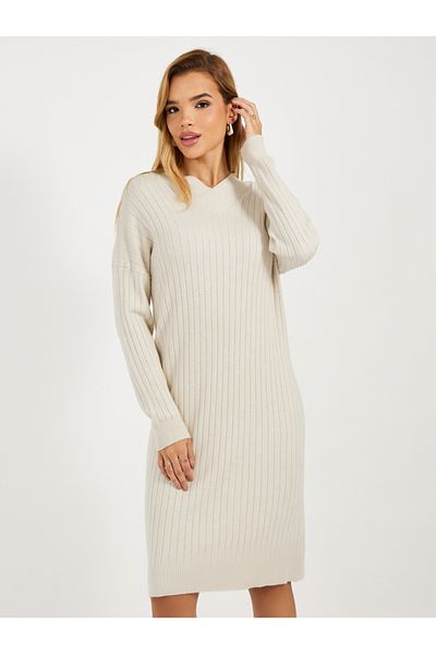 Styli Ribbed Knit V Neck Sweater Midi Dress