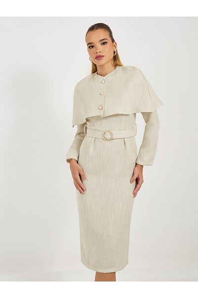 Styli Tweed Belted Midi Dress with Detachable Cape